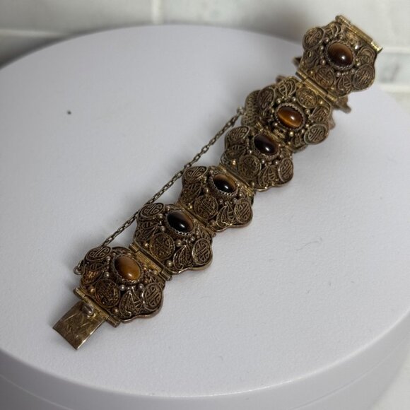 Vtg Chinese Export Bracelet Tiger's Eye Cabochon Silver Gilded Vermeil Filigree - Picture 6 of 16